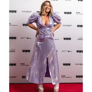 ROTATE Sierina Ruched Puff Sleeve Metallic Midi Dress in Purple Size US 0